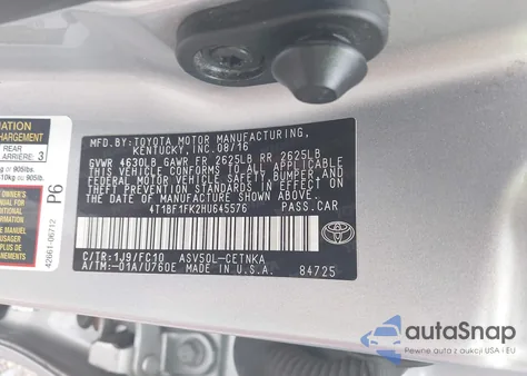 2017 Toyota Camry Le z USA, uszkodzony, nr VIN 4T1BF1FK2HU645576
